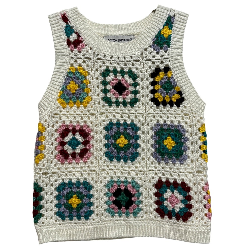 Cotton Emporium Granny Square Crochet Sweater Vest top Cream Multi Color XS boho